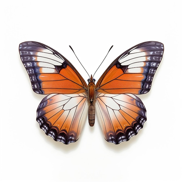 Een vlinder met oranje en zwarte vleugels staat op een witte achtergrond.