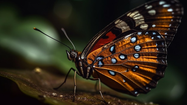Een vlinder met oranje en zwarte vleugels zit op een tak.