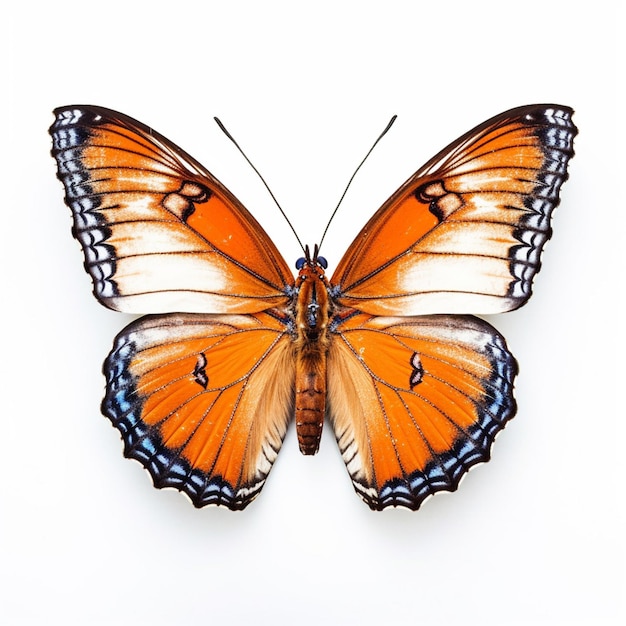 Een vlinder met oranje vleugels en zwarte en oranje strepen staat op een witte achtergrond