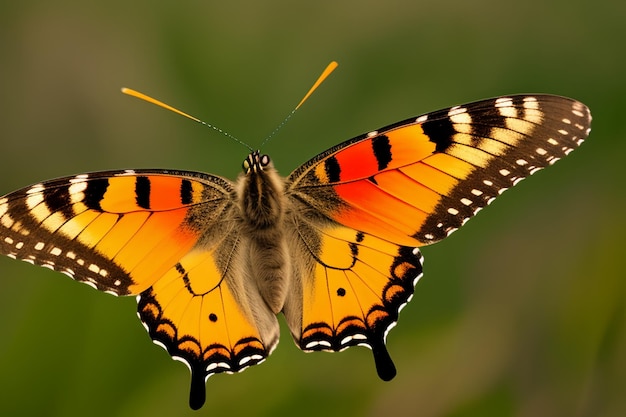 Een vlinder met oranje vleugels en zwarte strepen op de vleugels vliegt in de lucht.