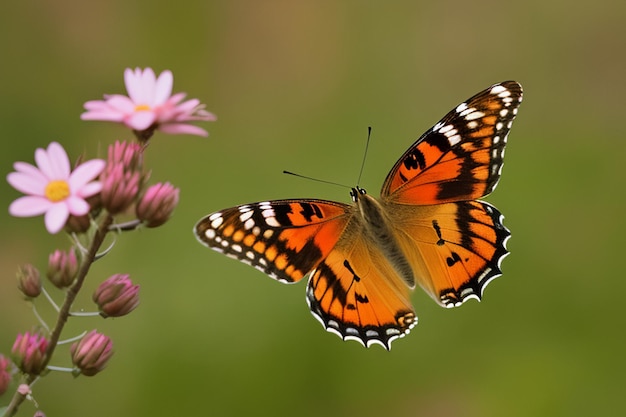 Een vlinder met oranje vleugels vliegt over sommige bloemen.