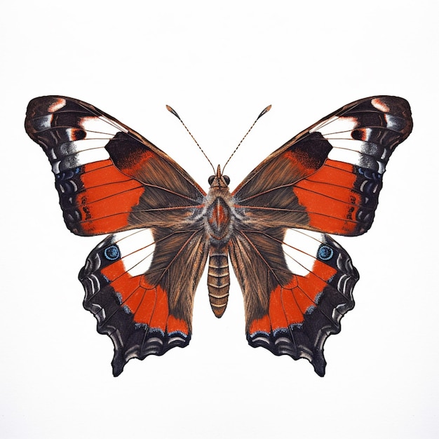 Een vlinder met rode en zwarte vleugels en witte strepen op de bovenste vleugels.