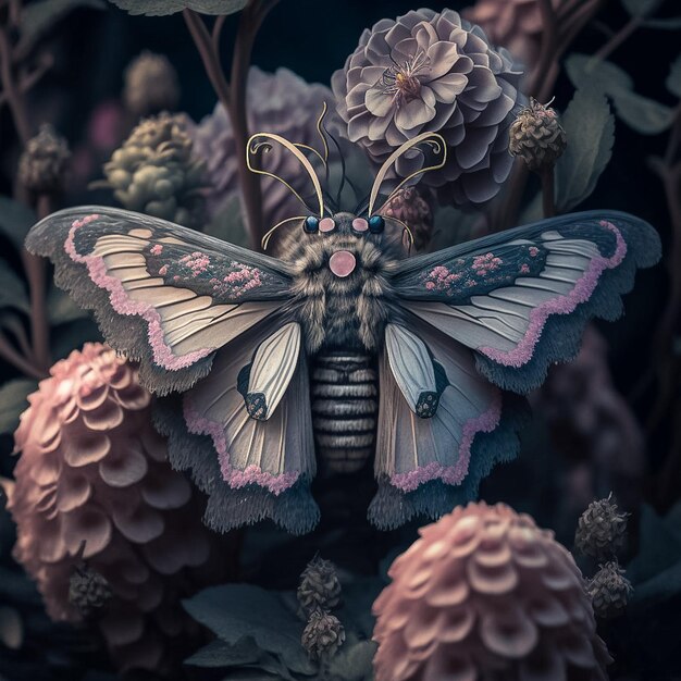 Een vlinder met roze en witte vleugels zit op een bloem.