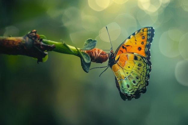 Foto een vlinder met zwarte en oranje vleugels rust op een blad