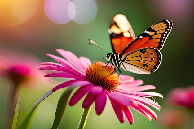 Een vlinder op een bloem met een roze achtergrond