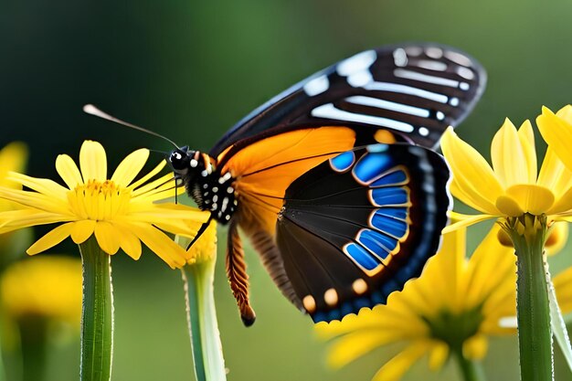 Een vlinder op een bloem met een zwarte en oranje vleugel.