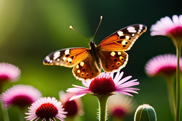 Een vlinder op een bloem waar de zon op schijnt.