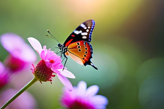 Foto een vlinder op een roze bloem met het woord vlinder erop