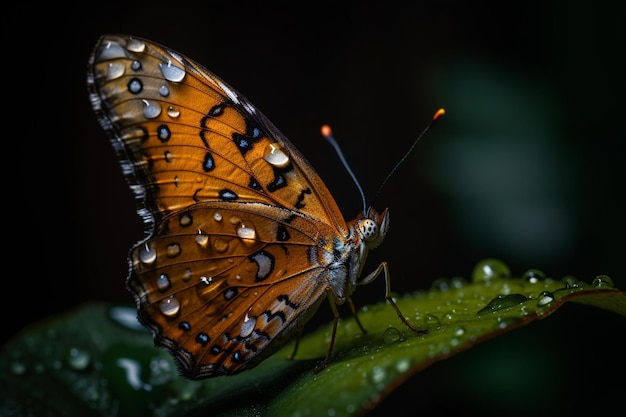 Een vlinder rust op een groen blad met het woord "regen" erop.