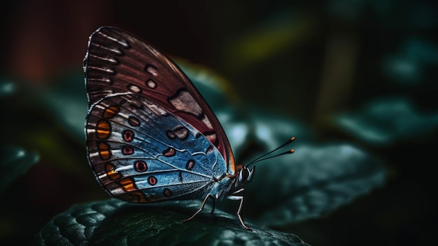 Een vlinder zit in het donker op een blad.