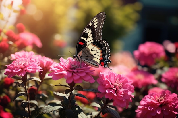 Een vlinder zit op een bloem in de tuin.