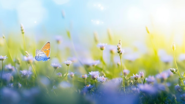 Een vlinder zit op een bloem in een bloemenveld.