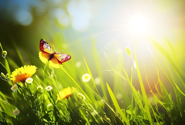 Een vlinder zit op een bloem in een veld