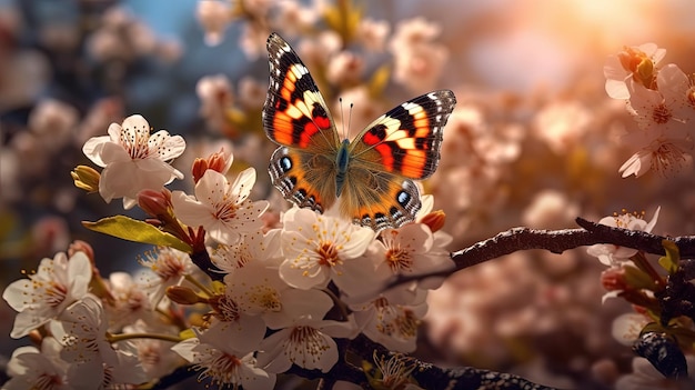 Een vlinder zit op een bloem met de zon erachter