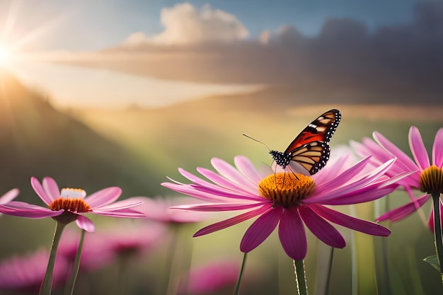 Een vlinder zit op een bloem met een zonsondergang op de achtergrond.