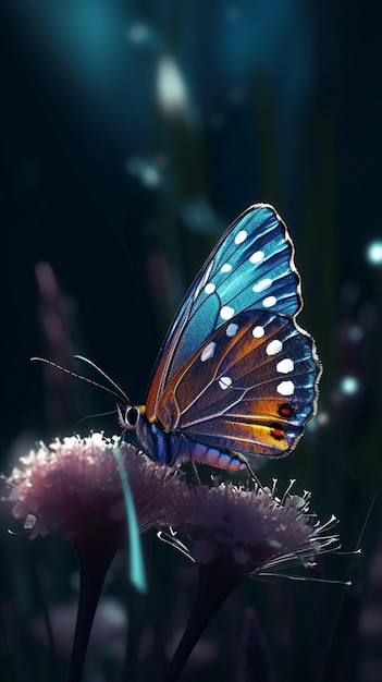 Een vlinder zit op een bloem waar de zon op schijnt.