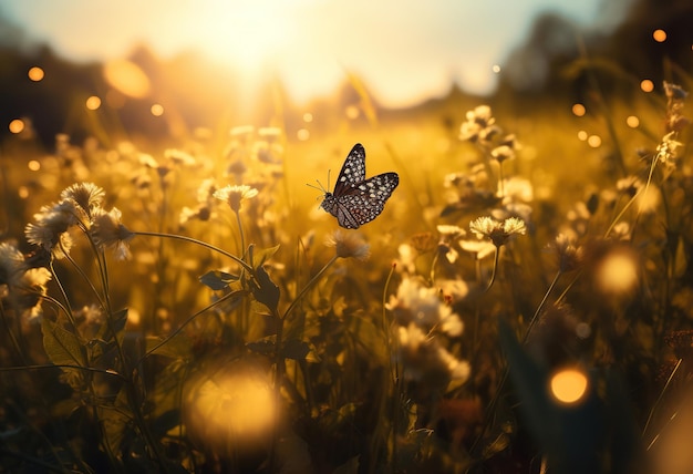 Een vlinder zit op een bloemenveld in de zon