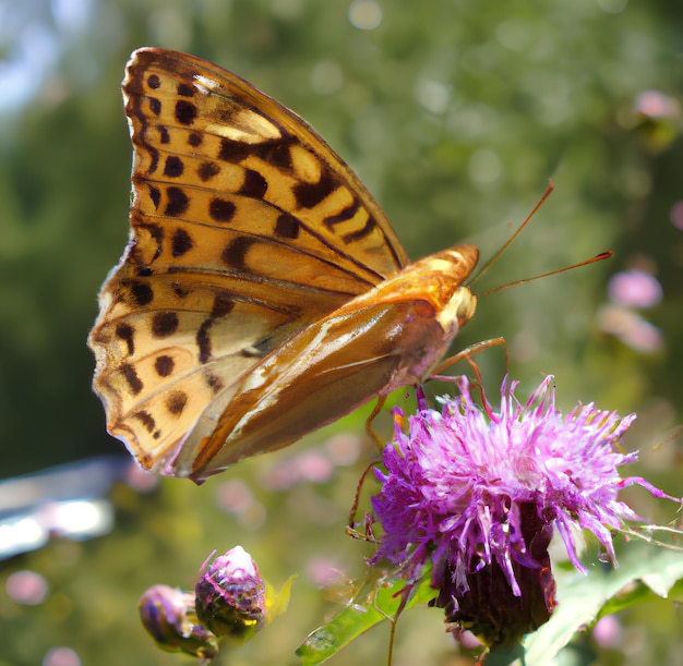 Een vlinder zit op een paarse bloem en de woordvlinder staat aan de rechterkant