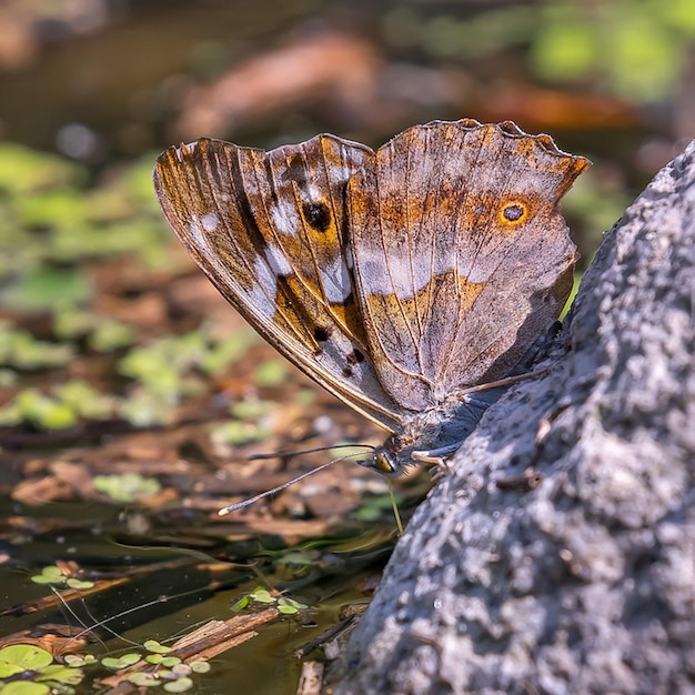 Een vlinder zit op een rots in het water.