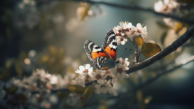Een vlinder zit op een tak met bloemen op de achtergrondgeneratieve ai