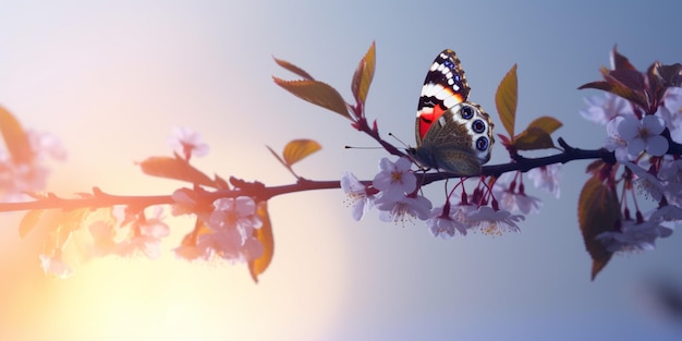 Een vlinder zit op een tak van een kersenbloesemboom.