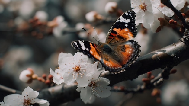 Een vlinder zit op een tak van een kersenboom met witte bloemen.