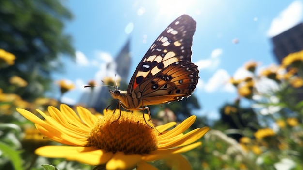 Een vlinder zittend bovenop een gele bloem