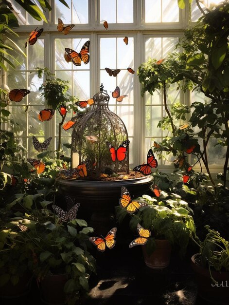 Foto een vlinderhuis met veel vlinders op de achtergrond