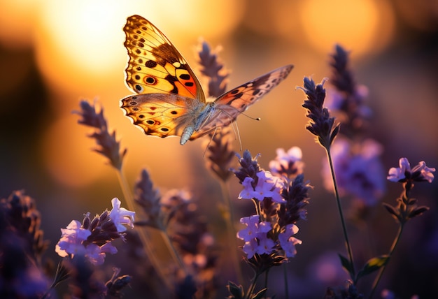 een vlindervlinder en lavendelbloem bij zonsopgang op een achtergrond met zonnestralen in de stijl van lichtoranje en lichtindigo wimmelbilder