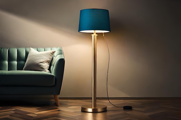 Een vloerlamp met een blauwe kap wordt verlicht door een lamp.