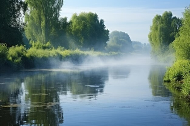 Foto een vochtige zomeradem veroorzaakt mist over een rivier