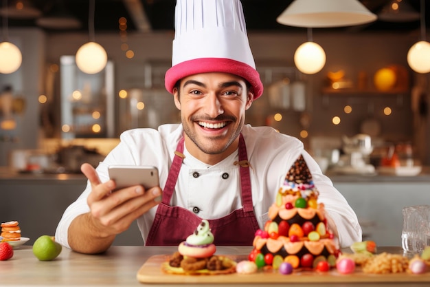 een voedselliefhebber die een selfie maakt met een heerlijk dessert AI generatief