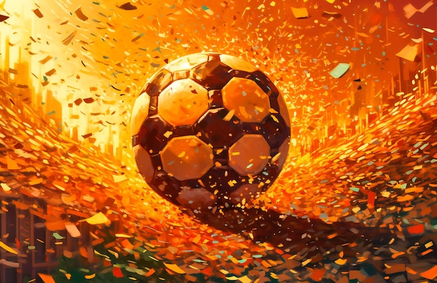 Een voetbal in de lucht met confetti die uit de lucht valt