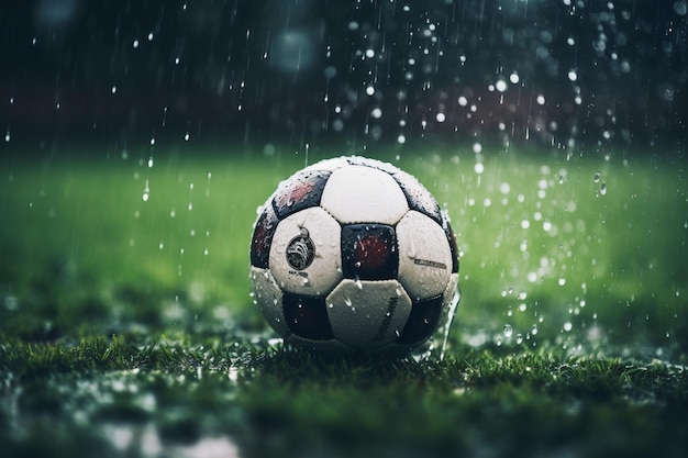 Een voetbal in de regen met regendruppels op de grond