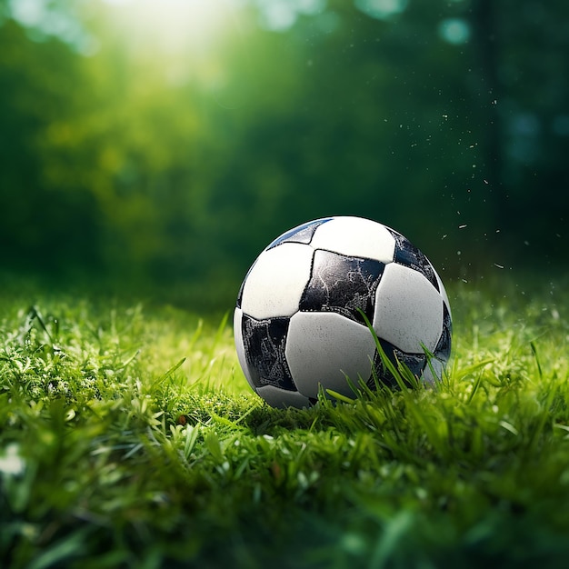 een voetbal in het gras met de zon erachter