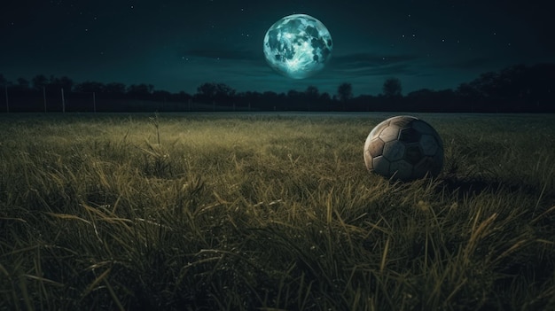 Een voetbal is in een veld met de maan op de achtergrond.