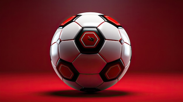Een voetbal met een rode achtergrond met een zwart en rood logo.