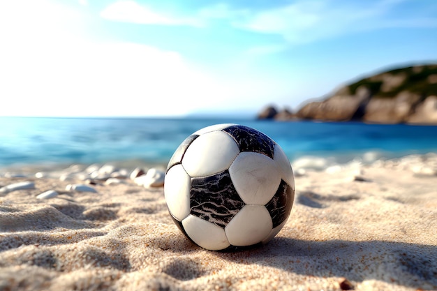 Een voetbal op een strand met de oceaan op de achtergrond wordt gegenereerd door AI