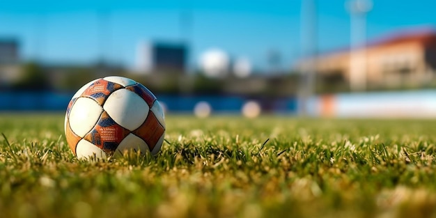 Foto een voetbal op een veld met de stad op de achtergrond