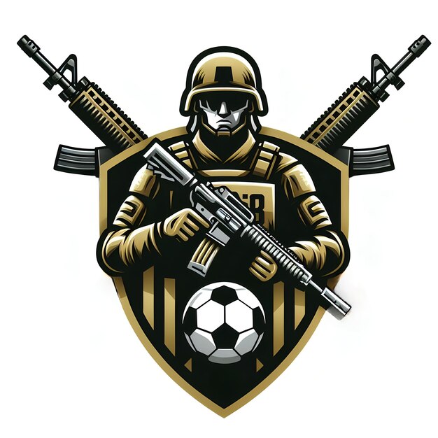 een voetbal schild logo met een leger soldaat die een geweer vasthoudt