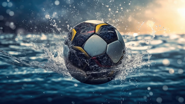 Een voetbal spettert in het water.