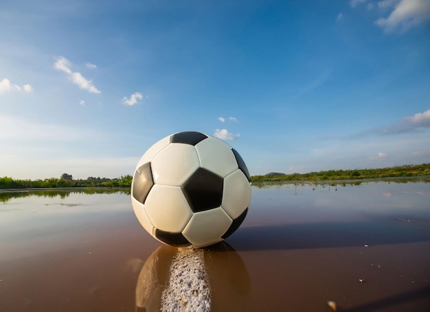 Een voetbal zit in het midden van een meer.