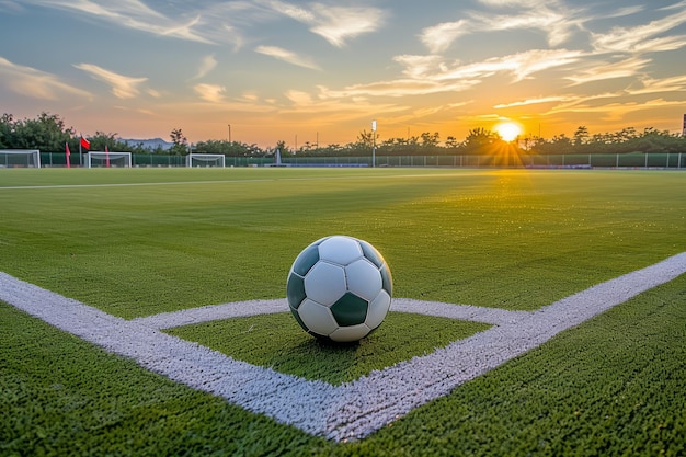 Een voetbal zit op de hoek van een voetbalveld bij zonsondergang