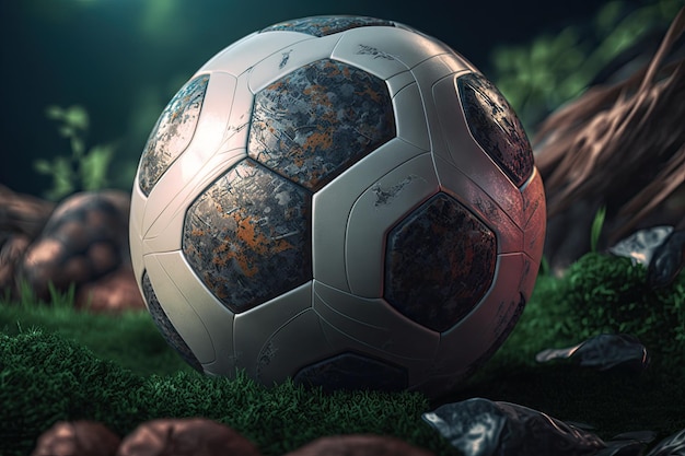 Een voetbal zit op een met gras bedekt veld.