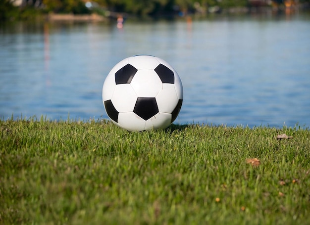 Een voetbal zit op het gras voor een meer