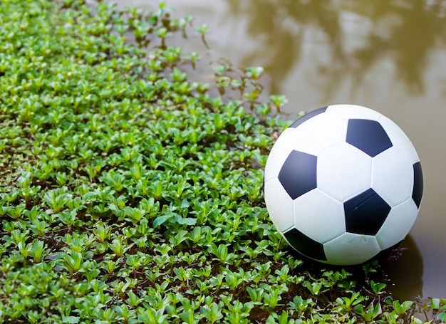 Een voetbal zit op wat gras voor een vijver.