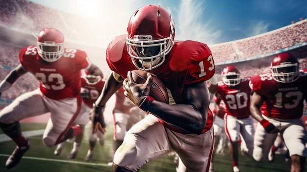 Foto een voetballer in een rood uniform die een voetbal vasthoudt