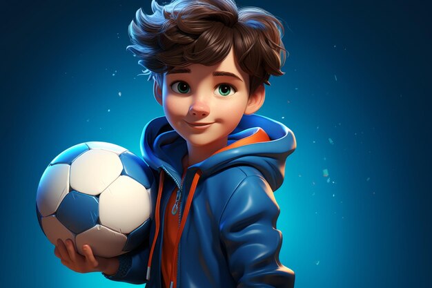 Een voetballer jongen met een voetbal op een blauwe achtergrond 3D illustratie