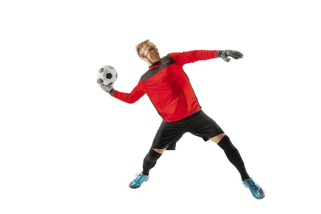 Een voetballer keeper man bal gooien. silhouet geïsoleerd op witte studio achtergrond