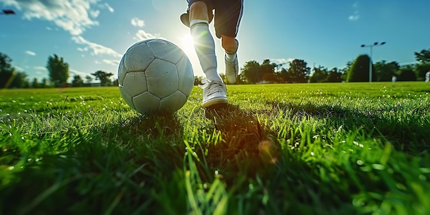 een voetballer met de bal in het gras